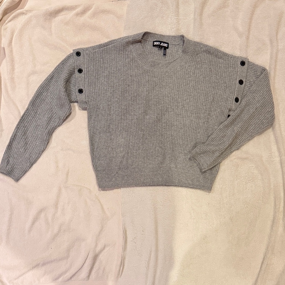 DKNY Gray Crew Neck Sweater with Button Accents